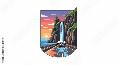 Retro car drives on a scenic road next to a waterfall and ocean at sunset