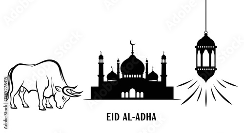Eid ul Adha eid Eid Al-Adha, Islamic holiday, sacrificial animal, mosque, lantern icons isolated on White Background vector