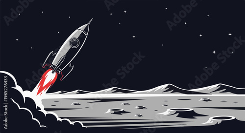 Retro rocket blasts off from a cratered lunar surface under a starry sky
