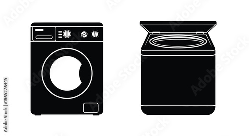 Black and white illustration of a front and top load washing machine