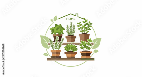 Potted herbs on shelves under a house outline, symbolizing home gardening