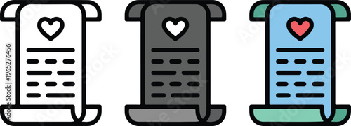 Set of minimalist antique scroll icons in outline silhouette and colorful brown flat vector papyrus manuscript styles.