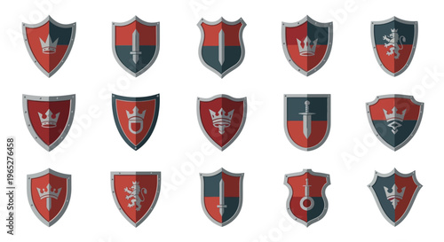 Collection of Medieval Heraldic Shields with Various Symbols.