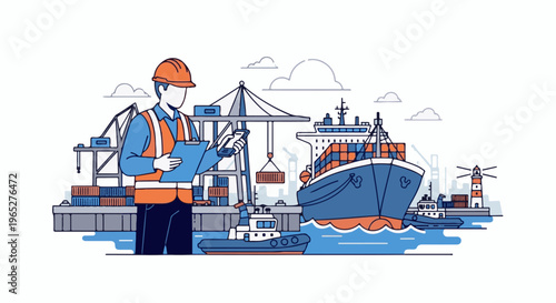 Port worker oversees cargo operations with a large ship and tugboat