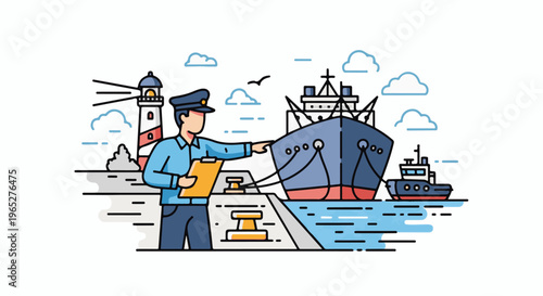 Port official directs large ship with tugboat assist near lighthouse