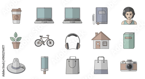 Collection of diverse flat icons representing everyday objects and concepts.
