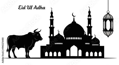 Eid ul Adha eid Eid al-Adha, mosque, bull, lantern, Islamic festival, black silhouette, Eid Mubarak, Muslim holiday, religious symbol isolated on White Background vector