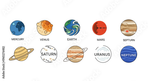 Collection of Planets in Solar System Artistic Illustrations.