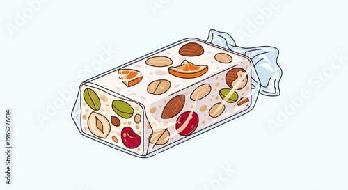Rectangular nougat candy bar with nuts and dried fruit in clear wrapper