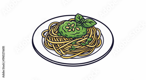 Plate of spaghetti with pesto sauce and pine nuts, garnished with basil leaves