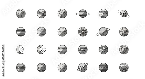 Collection of Hand Drawn Planets and Celestial Bodies Icons.