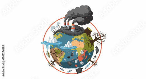 Planet Earth depicts pollution, melting ice, and deforestation, symbolizing environmental crisis