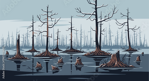 Pixelated winter swamp scene with bare trees dusted in snow