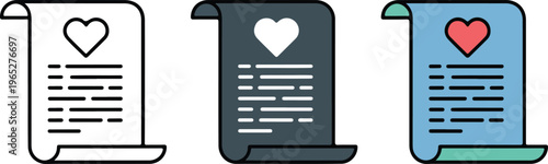 Set of minimalist antique scroll icons in outline silhouette and colorful brown flat vector papyrus manuscript styles.