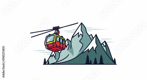 Red cable car ascending snowy peaks, surrounded by evergreen trees