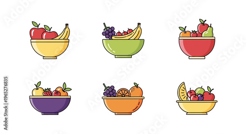 Collection of Six Colorful Fruit Bowls with Assorted Fruits.