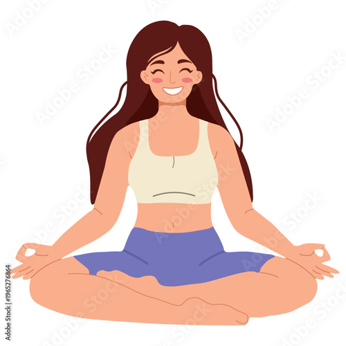 Woman sitting in lotus position practicing yoga and meditation. Health lifestyle, wellness, mindfulness, and zen illustration
