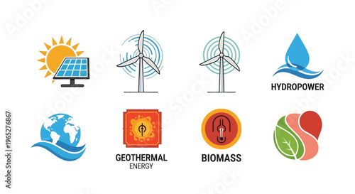 Collection of renewable energy source logos and icons.