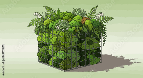 Green plants in metal wire cage.