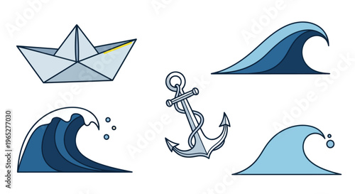 Nautical icons with waves and anchor.
