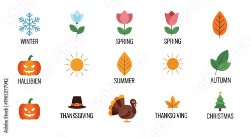 Collection of Seasonal Icons Representing Holidays and Seasons.