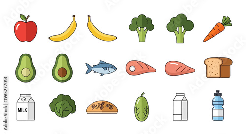 Healthy Food Assortment Featuring Fruits Vegetables Meats and Grains.