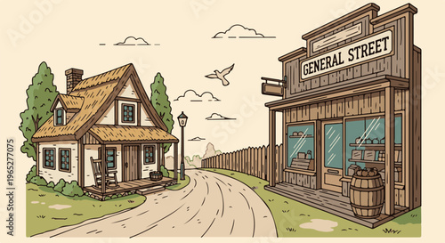 Quaint village scene with a thatched cottage and general store