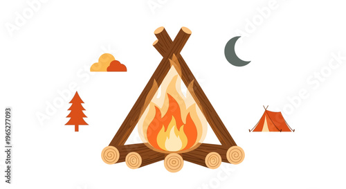 Camping Tent with Fire Burning Inside.