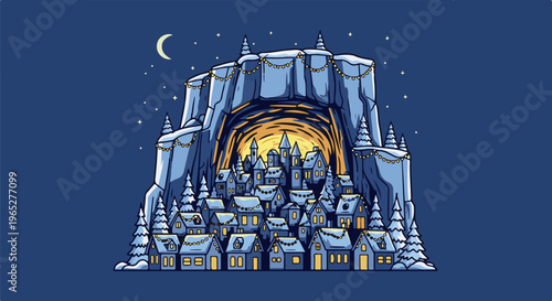 Pixelated winter village nestled in a cave, lit by warm lights