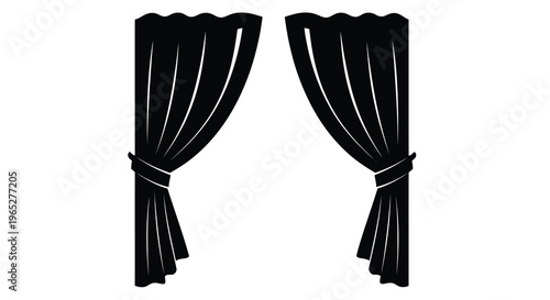 Simple illustration of two dark curtains with tiebacks on a white background