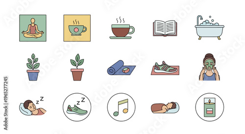 Collection of Icons Representing Self Care and Relaxation Activities.