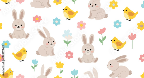 Cute Easter Bunny And Chicks Pattern.