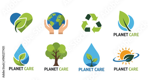 Collection of eco-friendly planet care logos and symbols.
