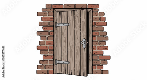 Rustic wooden door ajar within a rough brick wall