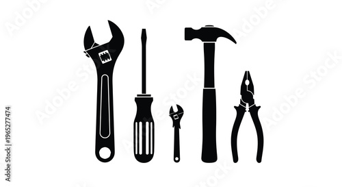 Black silhouette icons of common hand tools wrench screwdriver hammer and pliers