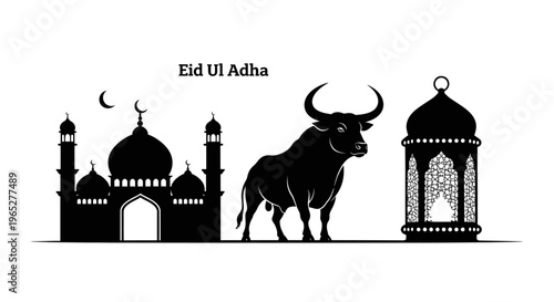 Eid ul Adha eid Eid Ul Adha, Islamic holiday, mosque, bull, lantern, black silhouette, vector icons isolated on White Background vector