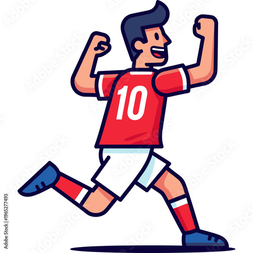 A man wearing a red jersey and white shorts runs excitedly with fists raised.