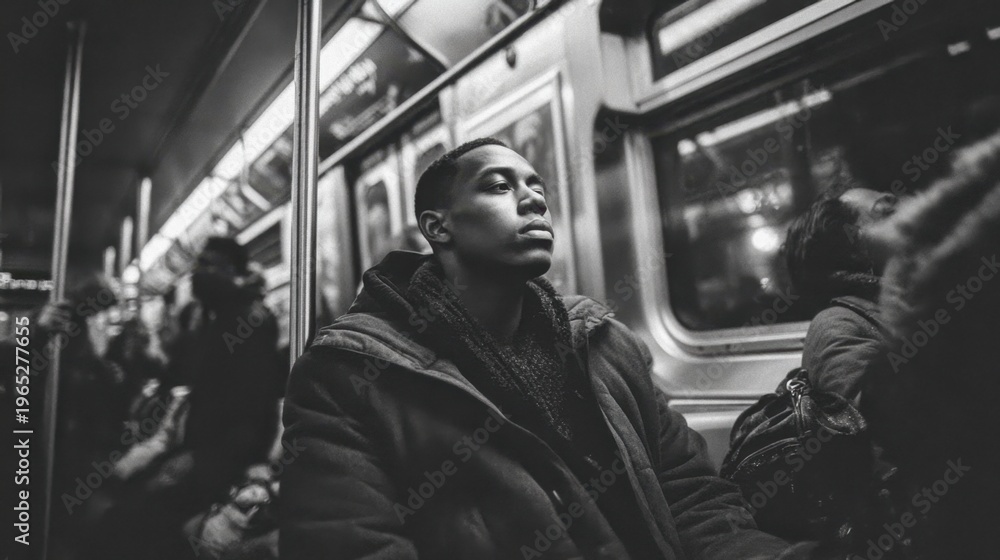 Obraz premium Young man resting with eyes closed on subway at night