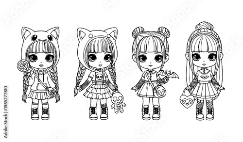 Pastel goth chibi girls coloring pages cute anime style characters with fashion outfits vector outline
