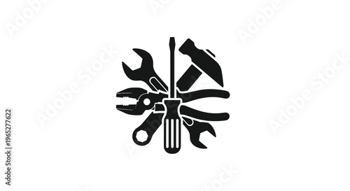 Black silhouette of various hand tools arranged in a circular design