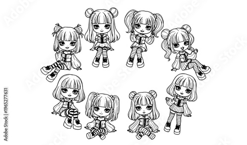 Pastel goth chibi girls coloring collection kawaii anime characters in trendy outfits vector set