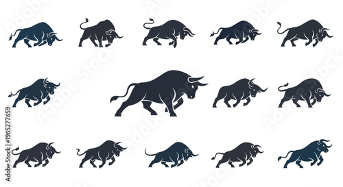 Collection of Silhouette Bull Illustrations in Various Poses.