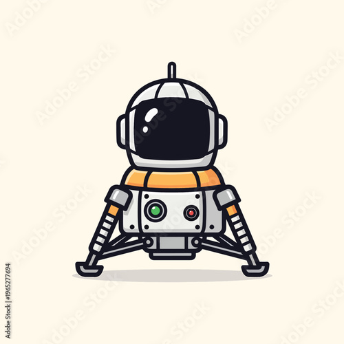 A cartoon-style illustration of a lander module with an astronaut's helmet. It has a white body, orange details, and articulated legs