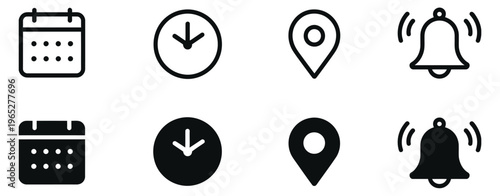 Address, location vector icon collection with notification bell, stopwatch timer, and calendar date symbols, representing web UI elements and productivity tools, clean modern flat vector design