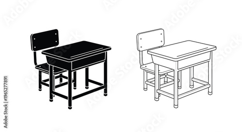 Two black and white illustrations of school desks and attached chairs
