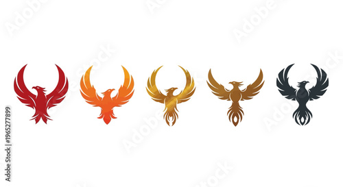 Collection of Five Stylized Phoenix Emblems in Various Colors.