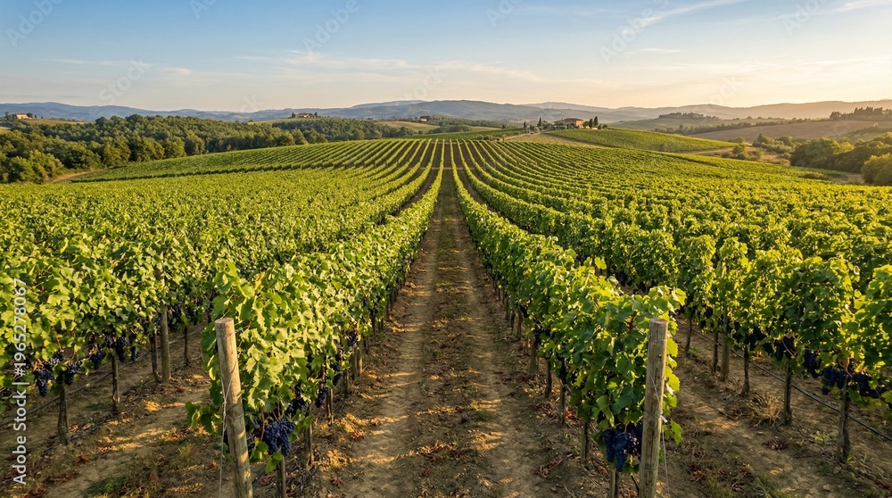 Obraz premium Vast vineyard landscape bathed in golden hour sunlight, showcasing rows of grapevines stretching towards rolling hills under a clear sky