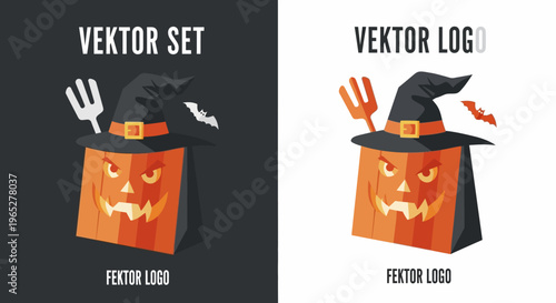 Halloween Pumpkin Bag with Witch Hat and Trident.