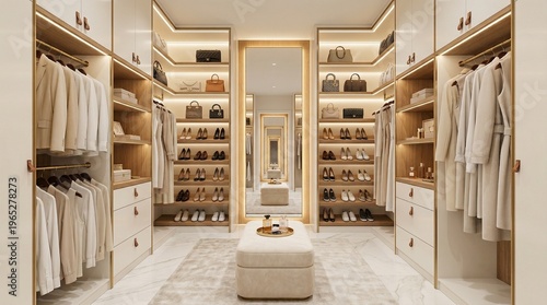 Elegant and spacious modern walk-in closet with ample storage and a luxurious feel