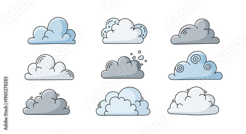 Collection of Nine Diverse Cloud Illustrations in Various Styles.